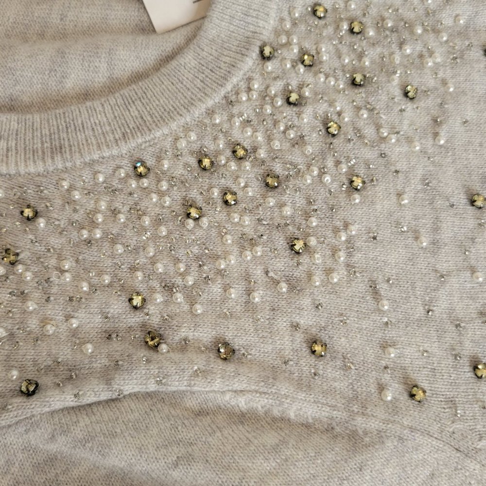 LOFT Women's Beaded Light Grey Long Sleeve Sweater Cardigan, Size L NWT - Picture 7 of 12